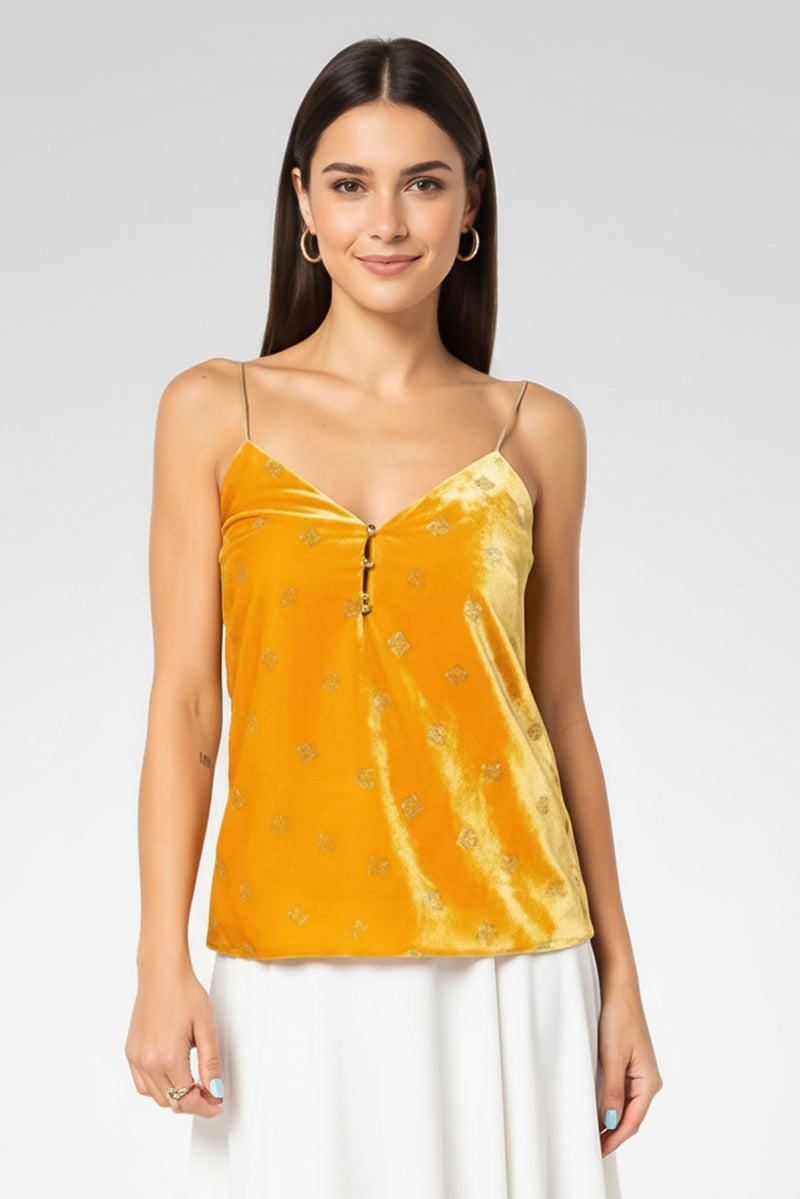 PINKO Women V Neck Sleeveless Metallic Tank Top, Mustard - Image 5